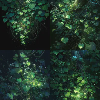 植株特写，千年何首乌，藤蔓青黑交缠，夜露凝珠，叶片泛幽绿光，根茎半露呈人形，雌雄并生，月华浸润，国风玄幻，干净背景，高清8k