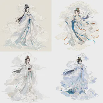 角色立绘，上古始祖母神华胥，伏羲女娲之母，身披素白流云仙袍，身姿缥缈，脚踏祥云，身处雷泽仙境，气质圣洁空灵，古朴大气，国风玄幻，全身立绘，高清8k