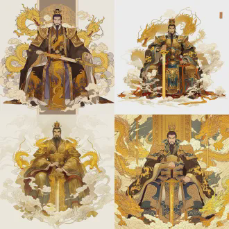角色立绘，上古黄帝轩辕氏，中央天帝，头戴冕冠，身着黄龙帝袍，手持轩辕剑，坐镇中原，威严正气，祥云瑞气环绕，国风玄幻，全身立绘，高清8k
