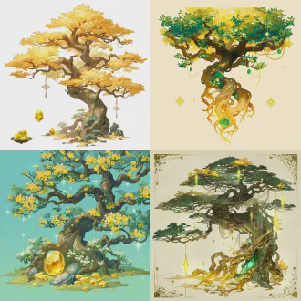 器物立绘，鸿蒙先天灵根黄中李树，昆仑龙月城仙树，枝干苍劲泛玉