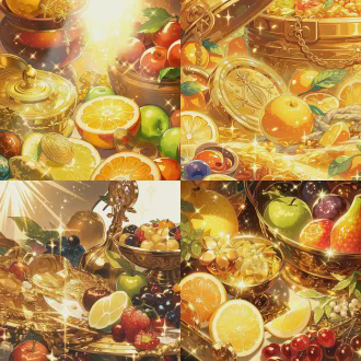 器物特写，上古仙珍嘉果，霞光缭绕，果香沁心，食之延年益寿、增功悟道，仙气氤氲，国风玄幻，干净背景，高清8q