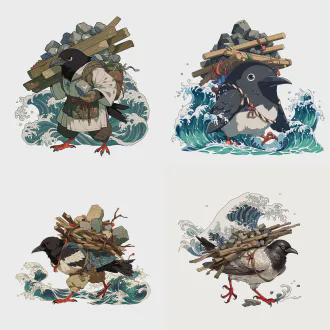 角色立绘，上古神鸟精卫，状如乌，文首、白喙、赤足，衔木石填沧海，意志坚毅，海风翻涌，国风玄幻，全身立绘，干净背景，高清8k