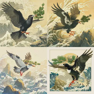 角色立绘，上古神鸟精卫，状如乌，文首白喙赤足，口衔青枫木石，振翅于东海浪涛之上，海风翻涌，礁石嶙峋，背景泛淡金色霞光，国风玄幻风格，精致线稿，柔和上色，全身立绘，比例协调，细节丰富，无多余边框，高清8k，暖色调光影