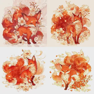 角色立绘，上古青丘九尾狐，赤色皮毛油亮华美，九尾蓬松层次分明，狐目灵动狡黠，立于青丘仙境灵雾中，芝兰丛生、落英缤纷，国风玄幻风格，精致线稿，柔和上色，全身立绘，比例协调，细节丰富，无多余边框，高清8k，暖色调光影，梦幻光斑散景