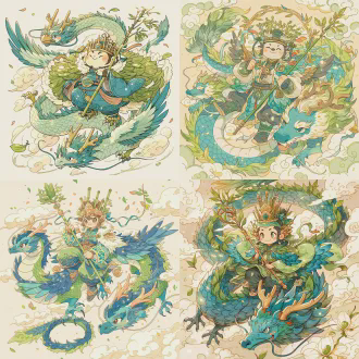 角色立绘，上古春神句芒，鸟身人面，青绿色羽衣覆身，人面温润含笑，头戴青竹冠，手持芒杖（或圆规），乘两青龙踏祥云，周身绕新芽嫩枝、落英缤纷，东方仙境背景，国风玄幻风格，精致线稿，柔和上色，全身立绘，比例协调，细节丰富，无多余边框，高清8k，暖色调光影，梦幻光斑散景