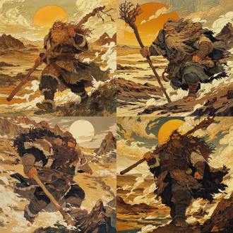 角色立绘，上古巨人夸父，身形巍峨如山，赤面虬髯，双目如炬，身披兽皮，手持巨型桃木杖，大步追向天际烈日，身后是干涸的河渭河床、苍茫荒原，狂风卷地，国风玄幻风格，精致线稿，厚重上色，全身立绘，比例协调，细节丰富（毛发/纹理/肌肉线条），无多余边框，高清8k，暖色调光影，暗调氛围感