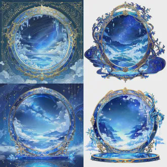 器物立绘，上古神器昆仑镜，圆形古镜嵌于青金石底座，镜面流光如星河、能映照云海仙山虚影，镜沿雕缠枝西王母纹、鎏金镶边，悬于昆仑仙境瑶池畔，云雾缭绕、冰晶垂落，国风玄幻风格，精致线稿（纹饰/纹理），通透上色（镜面反光/宝石质感），比例协调，细节丰富（纹路/光影折射），无多余边框，高清8k，冷调+