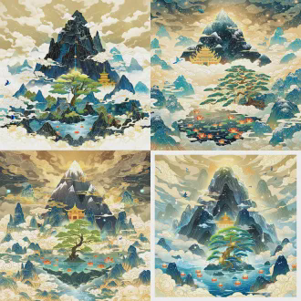 场景立绘，上古神山昆仑山，主峰巍峨入云、覆万年玄冰白雪，山腰嵌瑶池（碧水如镜、浮赤金莲花），山间生建木神树（通天拔地、青枝垂露），云海漫卷山腰，鎏金神殿隐于仙雾，开明兽（虎身九尾）守于山门，青鸟绕峰飞旋，国风玄幻风格，精致线稿（云纹/冰纹/木纹），层次上色（冰雪通透感/鎏金反光），比例协调，细节丰富（莲纹/兽纹/殿宇雕饰），无多余边框，高清8k，暖金光影+冷蓝冰雪调，梦幻光斑散景（仙雾反光）