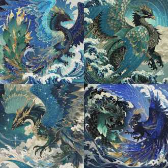 角色立绘，上古神兽鲲鹏，左侧为北冥深海巨鲲（青黑鳞甲覆身、鲸须垂落、鱼鳍如垂天之云），右侧为化鹏之态（苍青羽翼遮天、鎏金羽纹流转、利爪如玄铁），背景是北冥墨蓝深海与九天云海交融，翻涌的云浪中嵌细碎星光，国风玄幻风格，精致线稿（鳞甲纹理/羽翼翎羽），层次上色（深海渐变/羽翼反光），比例协调，细节丰富（鳞纹/羽纹/水云纹理），无多余边框，高清8k，冷调底色+鎏金高光，梦幻光斑散景（云海星光）