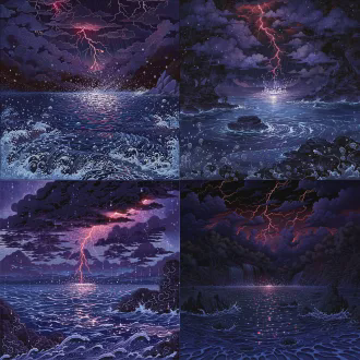 场景立绘，上古神泽雷泽，浩渺水域无边无际，水面翻涌墨蓝巨浪，天际垂落紫黑雷云，赤红雷电裂空击水、溅起漫天银白水花，泽中礁石刻上古雷纹，远处隐现雷神鼓虚影，国风玄幻风格，精致线稿（水纹/雷纹/云纹），层次上色（雷电渐变/水波反光），比例协调，细节丰富（雨珠/浪花/雷纹），无多余边框，高清8k，暗调氛围感+鎏金雷电高光，梦幻光斑散景（水面反光）