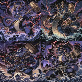 角色立绘，上古雷神雷公，龙身人头造型，青黑鳞甲覆身，人面怒目圆睁、虬髯飞张，腹间鼓纹如雷鼓，手持青铜雷锤雷凿，立于雷泽浩渺水面之上，周身紫黑雷云翻涌、赤红雷电裂空，雨珠飞溅、水浪奔涌，国风玄幻风格，精致线稿（鳞甲/雷电纹理），厚重上色（金属质感/雷电光影），全身立绘，比例协调，细节丰富（雷纹/鳞纹/水波），无多余边框，高清8k，暗调氛围感+暖金雷电高光