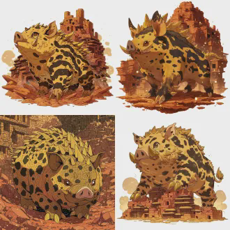 角色立绘，上古异兽狸力，状如肥豚（小猪），通体棕黄皮毛带墨黑斑纹，四肢生尖锐金褐利爪（距），圆目灵动、短耳外翻，尾短而粗，立于夯土营建的古邑工地，背景是堆垒的赭红岩土、半成的木石屋舍，国风玄幻风格，精致线稿（皮毛纹理/利爪细节），厚重上色（皮毛哑光/岩土质感），全身立绘，比例协调，细节丰富（土纹/木石纹理），无多余边框，高清8k，暖棕色调光影，梦幻光斑散景（扬尘光斑）