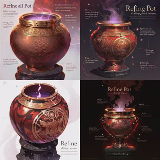 器物立绘，上古神器炼妖壶，青铜混赤铜质地的古壶，壶身雕九黎图腾、上古符文，鎏金镶边流转暗红光纹，壶口腾淡紫炼化灵光（隐现异兽虚影），壶底落「炼万物，纳乾坤」篆字，置于玄黑须弥台，背景是缥缈的炼化星云（赤金+淡紫渐变），国风玄幻风格，精致线稿（符文/图腾纹理），层次上色（金属哑光/灵光通透），比例协调，细节丰富（铜锈质感/符文光影），无多余边框，高清8k，暖红光影+鎏金高光，梦幻光斑散景（灵光碎影）