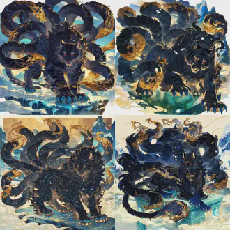 角色立绘，上古昆仑守护神陆吾，虎身九尾造型，玄黑虎纹皮毛油亮，九条长尾蓬松舒展、尾尖鎏金纹路流转，人面温润却目光威严、赤瞳如炬，虎爪覆青鳞，立于昆仑山山门玄玉台，背景是昆仑冰雪峰峦+漫卷云海，国风玄幻风格，精致线稿（皮毛纹理/尾纹/鳞纹），厚重上色（皮毛哑光/鎏金反光），全身立绘，比例协调，细节丰富（面纹/爪尖纹理），无多余边框，高清8k，暖金光影+冷蓝冰雪调，梦幻光斑散景（云海反光）