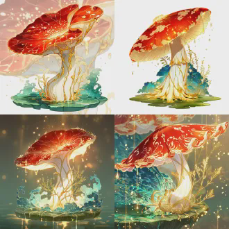 角色立绘，上古昆仑仙芝，千年赤芝造型，朱红芝盖层叠如伞、纹理如流云，玉白芝柄温润通透、嵌鎏金脉络，芝盖边缘凝露泛灵光，生于昆仑山瑶池畔青石板上，周围绕青碧仙雾、落细碎鎏金光斑，旁生细茎灵草，国风玄幻风格，精致线稿（芝纹/脉络纹理），层次上色（芝盖哑光/芝柄通透），比例协调，细节丰富（露珠反光/灵雾纹理），无多余边框，高清8k，暖金光影+朱红主调，梦幻光斑散景（仙雾反光）