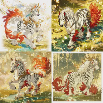 角色立绘，上古祥瑞灵兽鹿蜀，状如骏马而白首，通体雪白皮毛覆墨黑鎏金虎纹，赤红长尾蓬松如锦羽，目如琉璃、耳尖垂灵草，鸣声如谣（周身绕音符状灵光），立于青丘丹穴山的碧草溪边，背景是落英缤纷、溪流泛金，国风玄幻风格，精致线稿（皮毛纹理/虎纹脉络/尾羽翎羽），层次上色（皮毛哑光/鎏金反光/尾羽渐变），全身立绘，比例协调，细节丰富（草纹/水纹/灵光纹理），无多余边框，高清8k，暖金光影+赤红尾调，梦幻光斑散景（落英光斑）