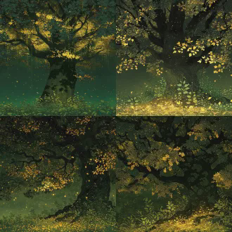 场景立绘，上古青丘神树迷榖，苍劲古树干覆玄黑流云纹理，墨绿枝叶层叠如盖，枝间缀鎏金发光华叶（光芒四照、散细碎金光），树下生青碧灵草、落英缤纷，背景是青丘朦胧雾霭，国风玄幻风格，精致线稿（木纹/叶纹/光纹），层次上色（枝叶哑光/华叶通透发光），比例协调，细节丰富（树皮纹理/露珠反光/光斑纹理），无多余边框，高清8k，暖金光影+墨绿主调，梦幻光斑散景（华叶光芒）