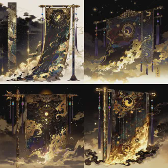 器物立绘，上古神器盘古幡，苍青建木纹幡杆（纹理如盘龙、覆鎏金云纹），幡面阔大如垂天之幕，玄黑底布上绘鎏金日月星辰、赤红阳爻纹、青蓝阴爻纹，幡边垂玄色流苏（缀五色晶石），幡面翻卷间散混沌灵光（黑白渐变光斑），背景是缥缈的混沌云海（玄黑+淡金渐变），国风玄幻风格，精致线稿（幡纹/木纹理/符文脉络），层次上色（幡布哑光/鎏金反光/灵光通透），比例协调，细节丰富（晶石反光/流苏纹理/云海纹理），无多余边框，高清8k，暖金光影+玄黑主调，梦幻光斑散景（灵光碎影）