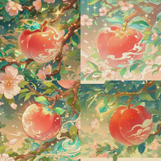角色立绘，上古瑶池蟠桃，拳头大小的赤红蟠桃果实饱满，果皮覆玉白流云纹，果蒂为青碧色（绕鎏金灵光），挂于蟠桃树苍劲枝桠间，周围绕青碧仙雾、落细碎鎏金光斑，背景是昆仑山瑶池畔的蟠桃园（淡粉花瓣飘落、翠叶层叠），国风玄幻风格，精致线稿（果皮纹理/叶纹/光纹），层次上色（果皮哑光/果纹通透/灵光反光），比例协调，细节丰富（露珠反光/花瓣纹理/光斑纹理），无多余边框，高清8k，暖金光影+赤红主调，梦幻光斑散景（仙雾反光）