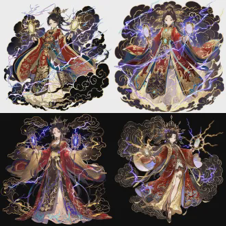 人物立绘，全身，雷部正神电母，金光圣母，面容端庄沉静，眉如远山，双目澄澈如镜，朱红广袖仙裙（覆鎏金雷纹/云纹，衣摆绣蓝紫电弧纹），内着玉白衬裤，腰束鎏金嵌晶石玉带，双手各持一面八角闪电宝镜（镜沿鎏金，镜面流转青蓝电弧，迸发刺目金光），乌黑长发高挽成飞天髻，插鎏金雷电钗，发丝间缠绕细碎蓝紫电光，衣袂随风舒展，周身环绕密集蓝紫电弧与鎏金灵光，背景是翻涌的墨黑雷云（缀淡金云纹，劈下数道青蓝闪电），国风玄幻风格，永乐宫壁画质感，精致线稿（衣纹/符文/电弧纹理），层次上色（衣料哑光/鎏金反光/电弧通透），比例协调，细节丰富（晶石反光/发丝电光/雷云层次），无多余边框，高清8k，冷调电弧光+暖调鎏金光对比，强烈光影对比（闪电高光/雷云阴影）