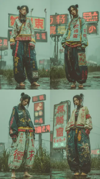 赛博朋克, 雨天背景, 全身, 中式赛博, 风格（超写实摄影：1.8） ，（真实皮肤质感：1.2），（电影级发丝高光：1.2）， 一个赛博朋克美女，亚裔黑色长发盘起发髻，散乱几缕碎发，数据线连接，垂坠感，高级感，攻壳机动队-士郎正宗，极致妖孽的容貌，长睫毛，精美繁复人体义肢，机械感，磨损痕迹，细节五官。丰富细节，饱满人体曲线，丰富的细节，诱人的站姿，赤脚，看向镜头。前景：高大绿植，背景雨后的赛博都市、闪烁的虚拟屏幕、地面积水、阴天（构图多元，角度多变：1.8），