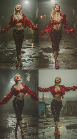 vogue editorial style, full body photography, a young female high-fashion model, perfect slender figure, delicate petite facial features, long straight platinum blonde hair, wearing a bold red cropped glossy leather jacket (cropped leather), high-waisted black leather pants, arms and legs extended in a dynamic, exaggerated pose, showcasing long elegant legs and strappy red stiletto heels, joyful and confident expression, standing in a desolate abandoned city, dark and moody atmosphere, puddles of water reflecting the dim light on the ground, misty background with atmospheric fog, cinematic lighting, high contrast, hyper-realistic, 8k resolution, high detail, sharp focus, visually striking, editorial aesthetic, biohazard meets high fashion, vibrant red leather outfit against a grey ruin background.