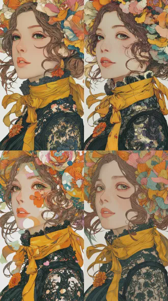 a beautiful young girl with pale skin, large expressive green eyes, subtle smile, curly brown hair in an elegant updo, wearing an elaborate oversized headdress made of vibrant colourful flower petals in shades of orange, pink, yellow, and blue, a flowing yellow scarf or ribbon bow around her neck, intricate black lace dress with floral patterns and orange flower brooch, detailed line art with watercolour splashes and ink textures, soft lighting, white background, highly detailed, masterpiece, art by alphonse mucha and modern anime illustration style.