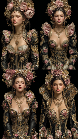 highly detailed fantasy portrait of a beautiful young woman with long dark hair elegantly styled, adorned with intricate gold jewelry and a floral headdress featuring large pink and gold flowers, wearing an opulent black corset gown with elaborate gold embroidery, pink floral accents, voluminous petal like shoulder details, long black sleeves sparkling with gold elements, luxurious baroque style, dramatic lighting, ethereal atmosphere, intricate details, masterpiece, ultra realistic digital art.
