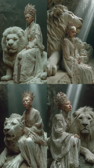cinematic photorealistic photography, scene in a high tang dynasty style grotto. a solemn manjushri bodhisattva, portrayed by a young female actress, wearing a gem-encrusted crown and adorned in elegant, translucent silk celestial robes with ornate jewelry, holding a ruyi scepter, seated sideways on a giant stone lion statue. a young lion tamer stands beside it. natural light beams stream into the cave from above, illuminating dust particles. color palette dominated by vermilion, azurite, and gold mineral pigments. highly detailed, 8k resolution, epic lighting, divine atmosphere.