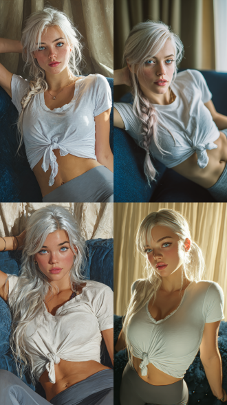 photorealistic portrait of a beautiful 20-year-old woman, long silky platinum blonde hair flowing down her back, striking icy blue eyes with long lashes, flawless skin, seductive expression, lying sideways on a luxurious dark blue sofa, turning her head to look at the camera, wearing a white cropped t-shirt knotted at the front showing toned midriff, high-waisted grey seamless leggings that hug her curves, prominent round, slim waist, perfect body proportions, soft warm ambient lighting, beige curtains in the background, elegant modern interior, sharp details, realistic skin texture, depth of field, 8k uhd, masterpiece