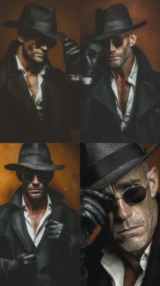realistic photography, personalized portrait of a western male celebrity, half-body profile shot, mysterious atmosphere, wearing a fedora hat, around 40 years old, goatee beard, sunglasses, slightly messy short hair, realistic skin texture, black lambskin gloves on both hands, one hand holding the hat, the other hand hanging naturally, open black trench coat, white shirt inside, capable and resolute personality traits, dramatic lighting, sharp light and shadow, deep shadows, minimalist orange background, strong visual impact, hollywood gangster and assassin movie poster aesthetic, subtle film grain texture