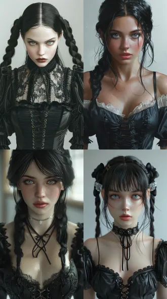 a stunning realistic young woman with fair porcelain skin, large intense piercing blue eyes, full soft lips slightly parted, and long glossy black hair styled in two thick braided pigtails with black satin ribbons and a small red accent, looking directly at the viewer with a serious and captivating expression. she wears a shiny black satin gothic-style dress with a deep plunging neckline, white ruffled lace trim around the bust, puffy voluminous sleeves, and a tight corset bodice featuring silver metal grommets and black lacing. half-body portrait composition framed from the head down to just above the knees, highly detailed photorealistic style, realistic skin texture with subtle pores and highlights, soft dramatic lighting, pure white background, elegant and alluring atmosphere, sharp focus, high resolution, masterpiece