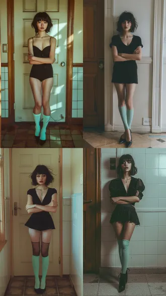 photography, full body shot of a young woman standing indoors. short black hair with heavy straight bangs covering eyes, fair skin, slim figure. confident dance pose, arms crossed in front of chest. wearing a black v-neck short-sleeve mini dress with flared hem, showing thighs. mint green thigh-high socks, black pointed-toe high heels. background: light wood grain door on the left, plain white wall on the right, glossy tiled floor. sharp focus, crisp details, studio lighting, commercial photography, photorealistic, high resolution, 8k.