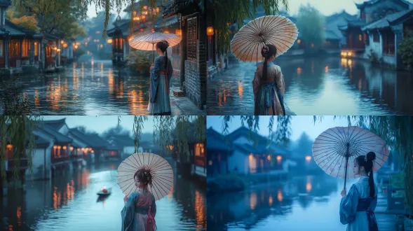 中式古装捉妖少女执油纸伞立江南水巷，中景偏宽，前景柳叶框景，暮蓝时分，粉墙旧屋临水石阶，清冷蓝光，窗内暖黄灯火，水面柔反光，丝绸细腻，高光柔晕，安闲日常。