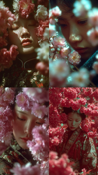 上田义彦风格人像摄影，kodakchrome64胶卷，东方古代美女，桃花盛开，治愈氛围，自然静谧气息，呼吸感，中式梦核，禅意新中式，透过桃花的光斑，极致光影美学，光斑，中西艺术融合，细腻胶片颗粒感，非常规构图，清冷调，无意识背景，动态模糊，前景虚化，浅景深，高对比高饱和色彩，褪色记忆，氛围光情绪映射，杰作