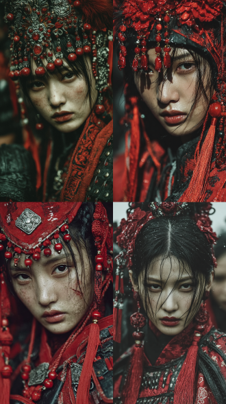 真人摄影，抓拍，细节逼真，中式意境，电影构图 疯批女国师，道，禅，长发，全身黑红色甲胄外披纱袍，高发冠，飞舞的发带，飘逸，浓颜美女，东方美女，18岁绝世美人，黄金比例的有辨识度的五官，拿着红樱长枪，战场， 神性，癫狂，抽象，凌乱，真实，肌理质感，情感张力，情绪氛围感拉满，老电影色彩光感