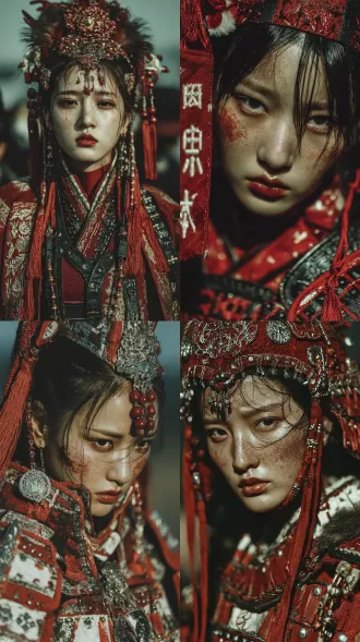 真人摄影，抓拍，细节逼真，中式意境，电影构图 女将军，道，禅，长发，全身黑红色甲胄外披纱袍，高发冠，飞舞的发带，飘逸，浓颜美女，东方美女，18岁绝世美人，黄金比例的有辨识度的五官，拿着红樱长枪，战场， 神性，癫狂，抽象，凌乱，真实，肌理质感，情感张力，情绪氛围感拉满，老电影色彩光感