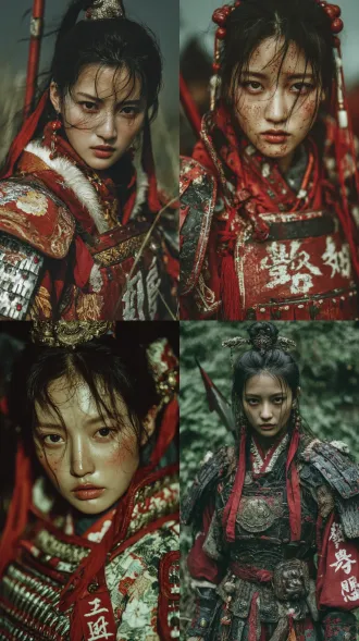 真人摄影，抓拍，细节逼真，中式意境，电影构图宋代 女将军，道，禅，长发，全身黑红色甲胄外披纱袍，高发冠，飞舞的发带，飘逸，浓颜美女，东方美女，18岁绝世美人，黄金比例的有辨识度的五官，拿着红樱长枪，战场， 神性，癫狂，抽象，凌乱，真实，肌理质感，情感张力，情绪氛围感拉满，老电影色彩光感