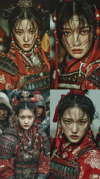 真人摄影，抓拍，细节逼真，中式意境，电影构图宋代 女将军，长发，全身黑红色甲胄外披纱袍，高发冠，飞舞的发带，飘逸，浓颜美女，东方美女，18岁绝世美人，黄金比例的有辨识度的五官，拿着红樱长枪，战场， 神性，抽象，凌乱，真实，肌理质感，情感张力，情绪氛围感拉满，老电影色彩光感