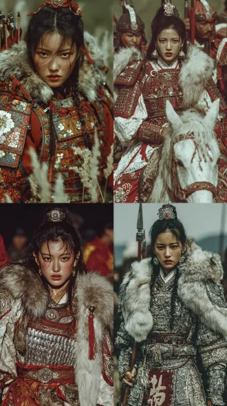 真人摄影，抓拍，细节逼真，中式意境，电影构图金朝女将，长发，全身浅色甲胄外披纱袍，高发冠，狼毛，飞舞的发带，飘逸，浓颜美女，东方美女，18岁绝世美人，黄金比例的有辨识度的五官，拿着红樱长枪，战场， 神性，抽象，凌乱，真实，肌理质感，情感张力，情绪氛围感拉满，老电影色彩光感