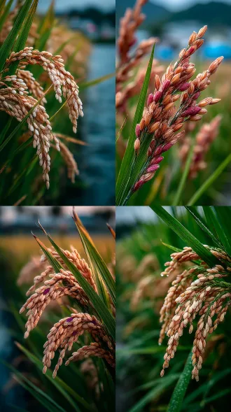 特写稻穗，背景是户外稻田，完美背景模糊，大师级构图