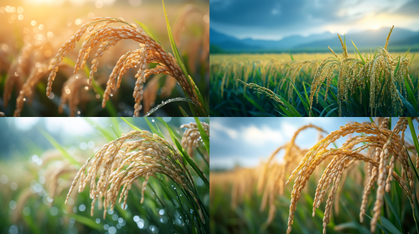 特写稻穗，背景是户外稻田，完美背景模糊，大师级构图