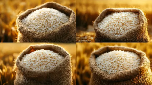特写麻袋里装着白色的大米，背景是金色的稻田，完美背景模糊，大师级构图