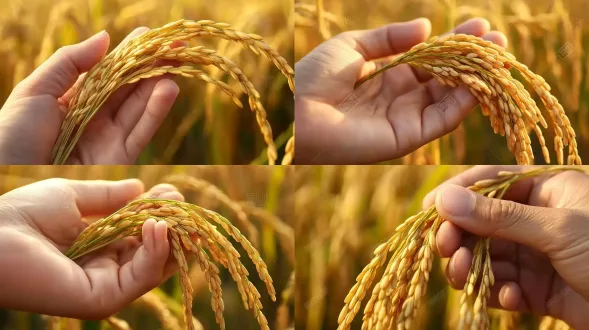 特写手摸稻穗，背景是金色的稻田，完美背景模糊，大师级构图