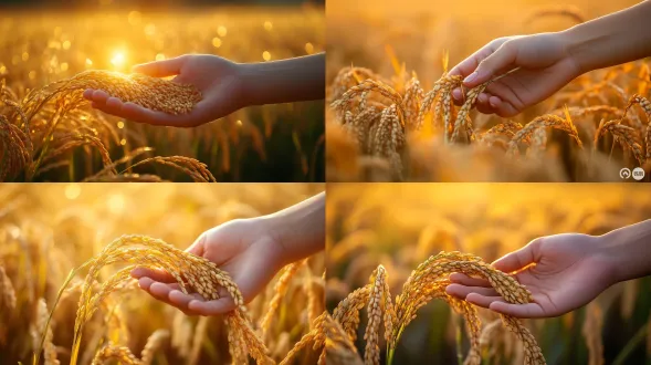 特写手摸稻穗，背景是金色的稻田，完美背景模糊，大师级构图
