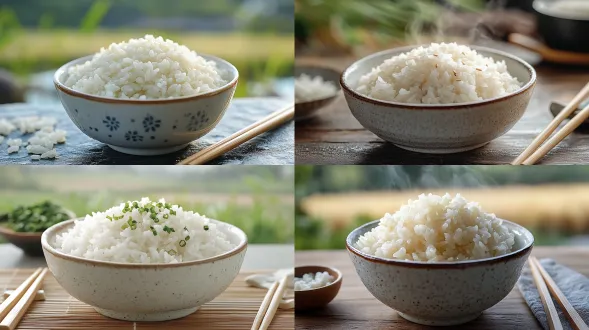 特写白色大米饭，白色瓷碗里的熟米饭冒着淡淡的白气，一双精致的竹筷子放在旁边，背景是户外稻田，完美背景模糊
