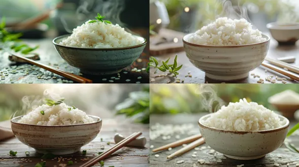 特写白色大米饭，白色瓷碗里的熟米饭冒着淡淡的白气，一双精致的竹筷子放在旁边，背景是户外稻田，完美背景模糊