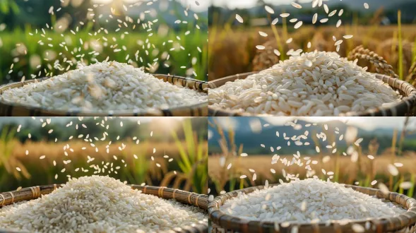 特写白色大米，许多米粒不断掉落，背景是户外稻田，完美背景模糊