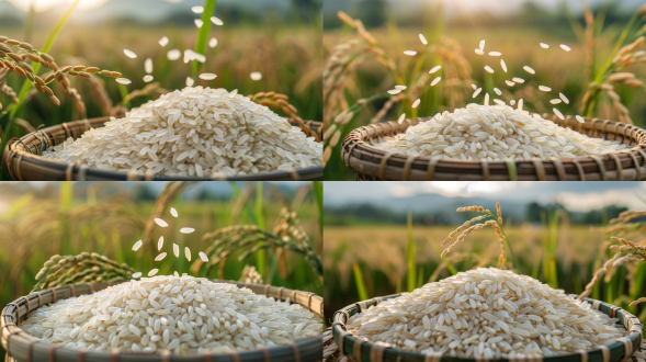 特写白色大米，背景是户外稻田，完美背景模糊