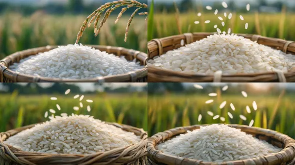 特写白色大米，背景是户外稻田，完美背景模糊